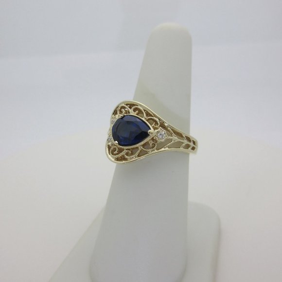 14k Blue Sapphire Diamond Ring Natural Pear Jewelry Filigree Sophia Fiori 6 1/2 - Picture 7 of 9
